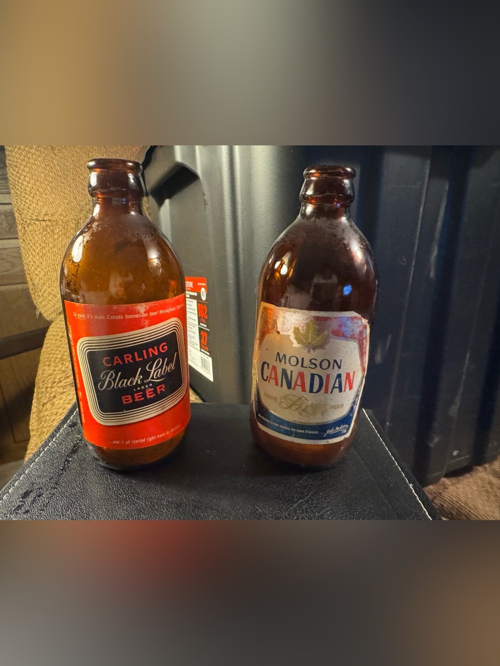 Carling Black Label & Molson Canadian Vintage Beer Bottles - Red, Cream, Blue